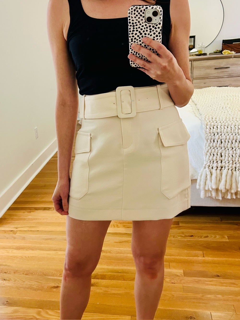 Express Cream High-Waist Belted Mini Skirt